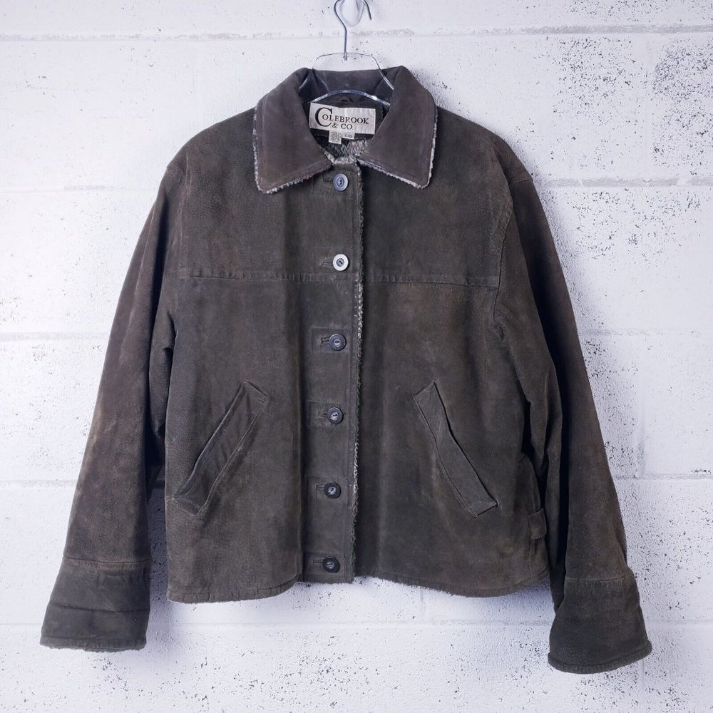 Colebrook & Co. Leather Suede Plaid Sherpa Lined Jacket Green Womens Large‎